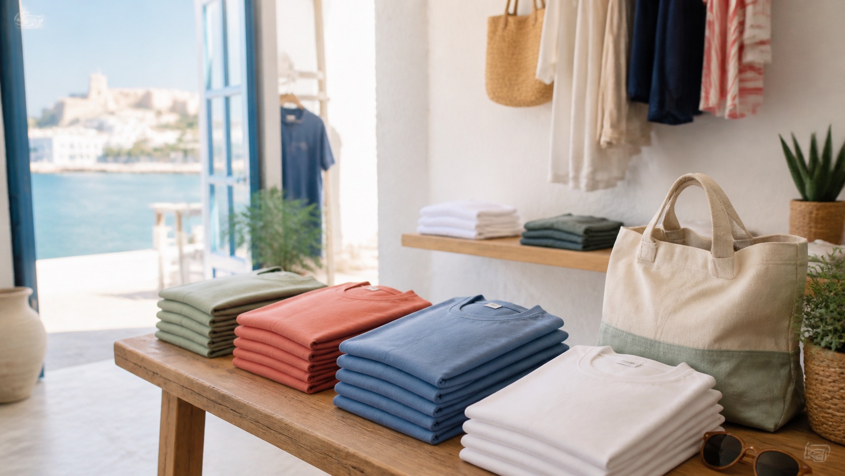 Camisetas dobladas en una tienda mediterránea de Peñíscola con colores de costa y bolsa textil