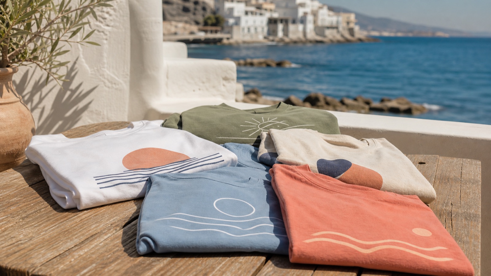 Camisetas de diseño mediterráneo dobladas sobre una mesa de madera junto al mar
