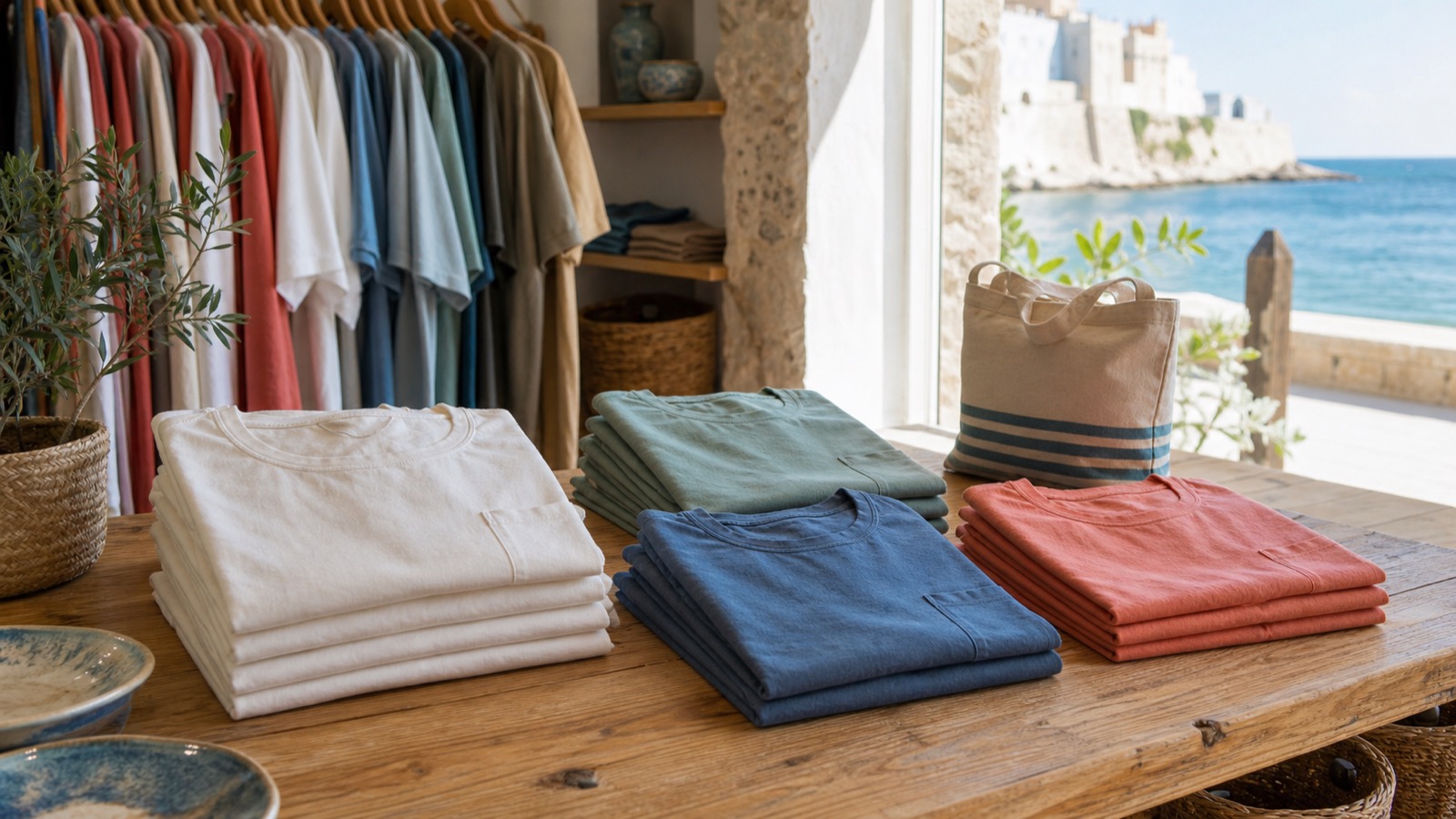 Camisetas de Peñíscola en colores mediterráneos dentro de una tienda con vistas al mar