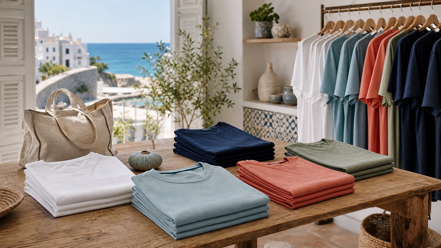 Camisetas dobladas en tonos blanco, azul, terracota y verde sobre una mesa de madera, con vistas al mar de Peñíscola