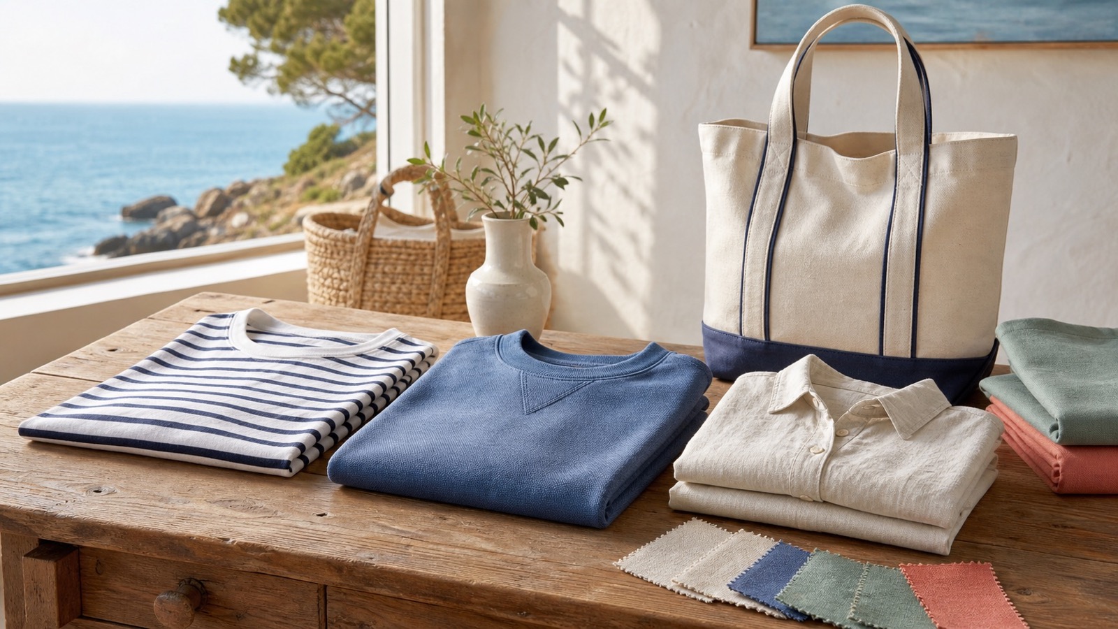 Prendas de ropa costera sin logos sobre una mesa junto a una ventana con vistas al mar