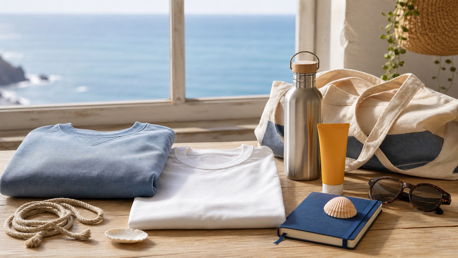 Regalos para amantes del mar con camiseta, sudadera, bolsa, botella y accesorios junto a una ventana frente al Mediterráneo