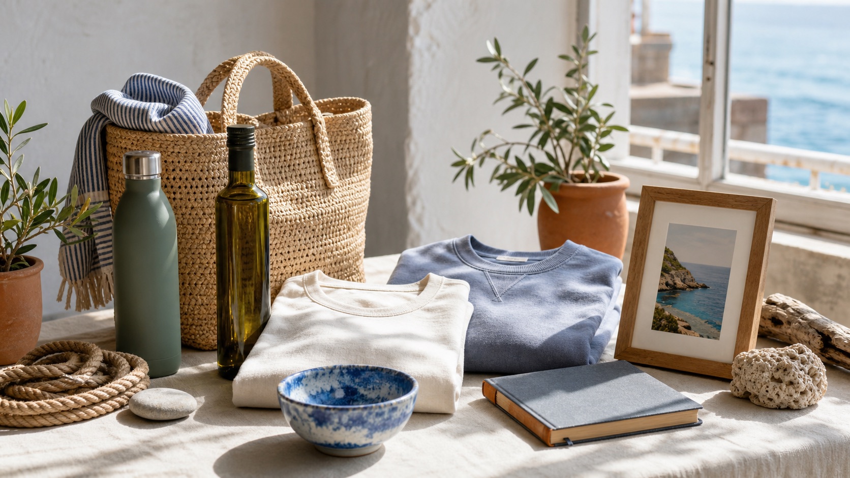 Regalos mediterráneos con camiseta, sudadera, cesta, cerámica, botella reutilizable y aceite junto a una ventana frente al mar