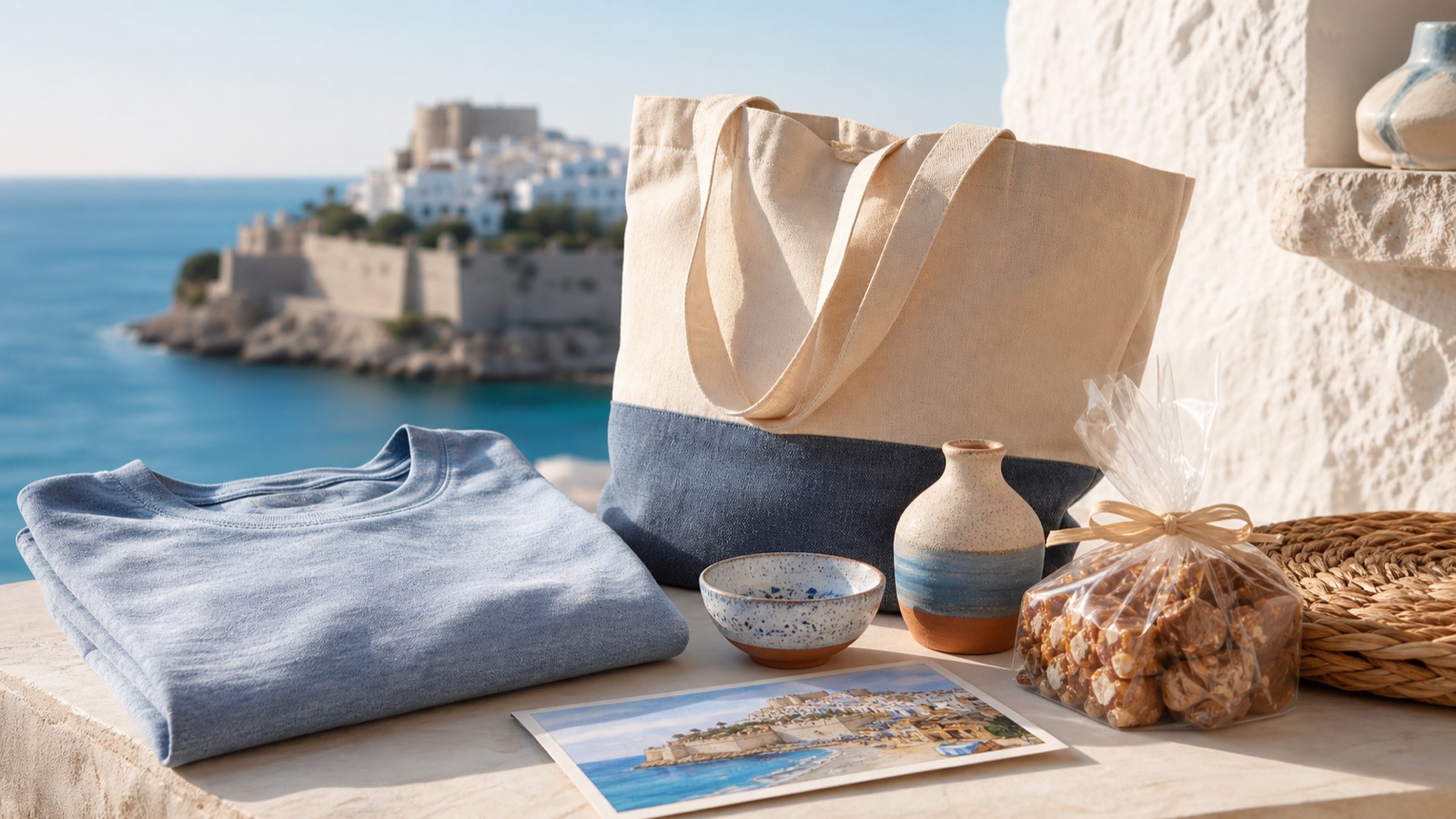 Souvenirs de Peñíscola con camiseta, bolsa de tela, cerámica y producto local frente al Mediterráneo