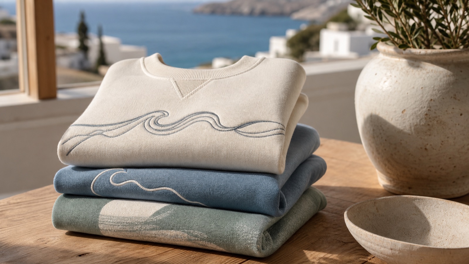 Sudaderas dobladas con bordado de olas en crudo, azul y verde, junto a cerámica artesanal frente a la costa