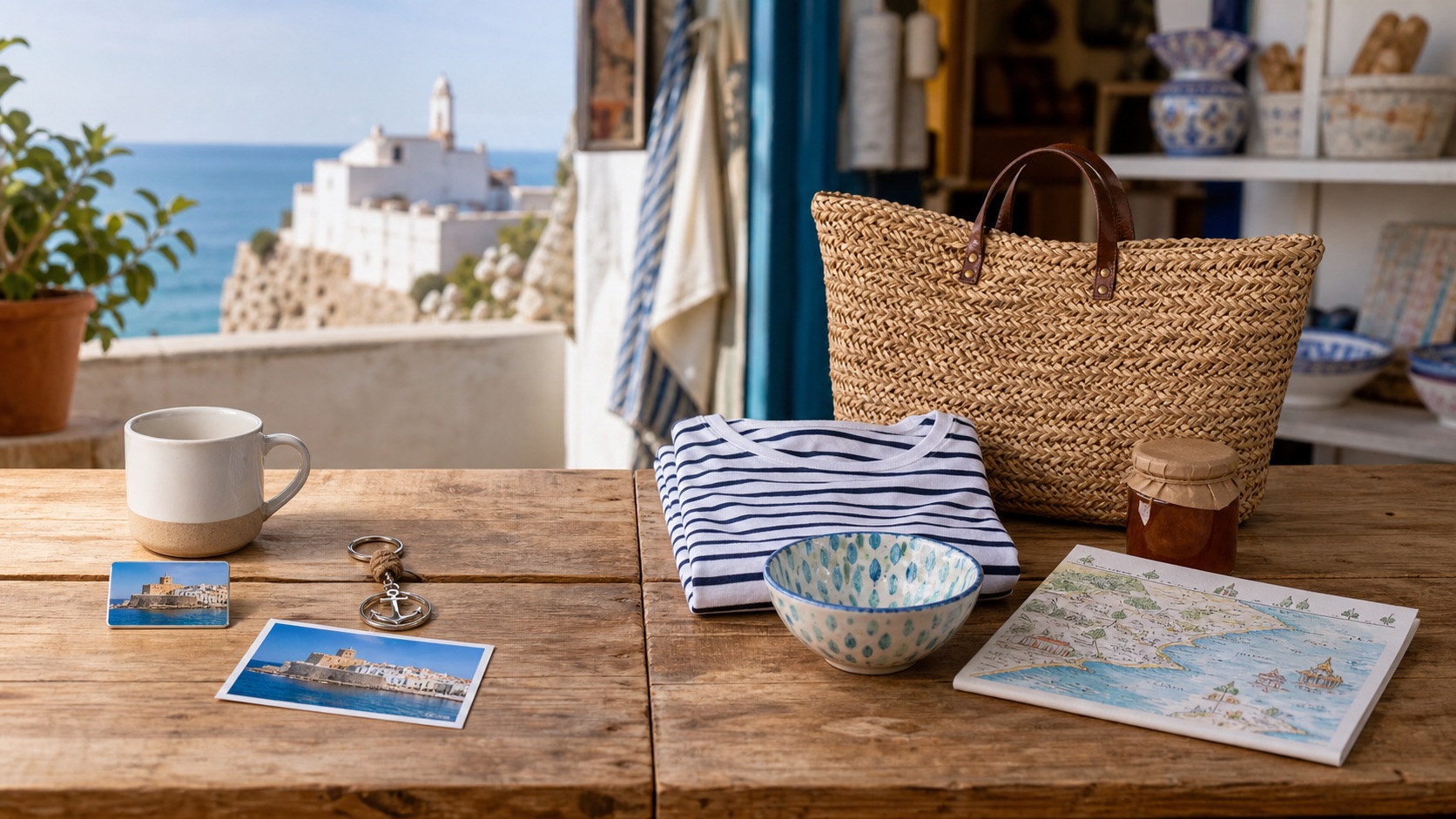 Mesa mediterránea con souvenirs típicos y recuerdos originales como camiseta, cerámica, bolsa de mimbre y mapa ilustrado